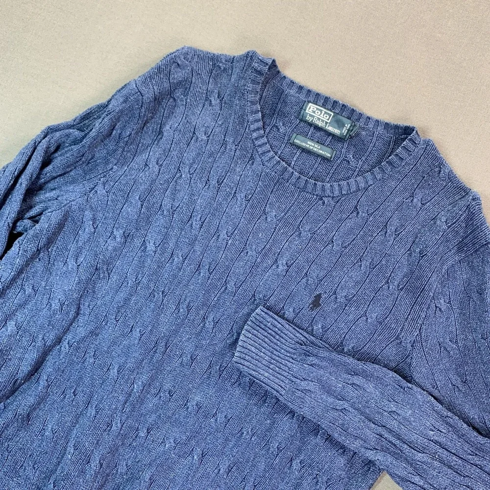 Polo By Ralph Lauren Sweater Mens XL Blue 100% Silk Cable Knit Crewneck Pullover